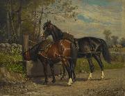 unknow artist Two Horses at a Wayside Trough oil painting on canvas